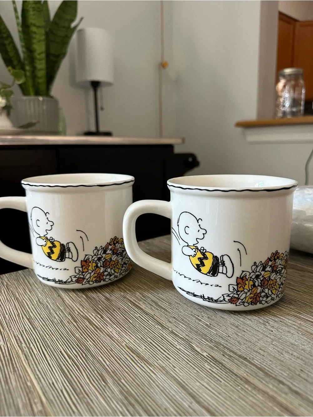 Two Pottery Barn Charlie Brown Leaf Ceramic Mug - White and Yellow
